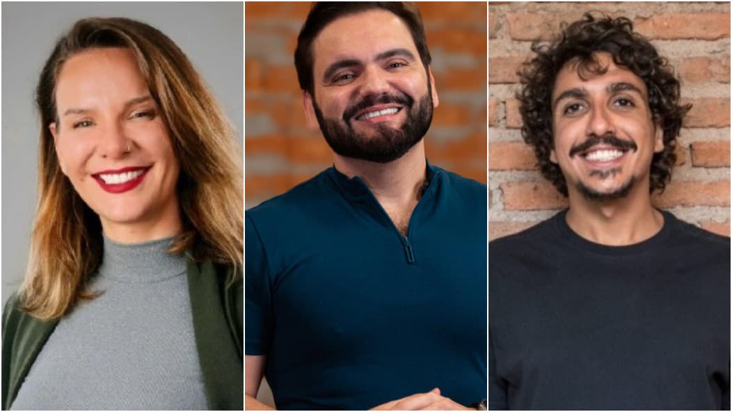 Montagem com as fotos de Bruna Siebert, Leonardo Cirino e César Filho olhando diretamente para a câmera
