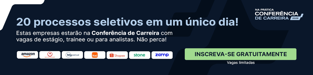 Banner para a Conferência de carreira de agosto, destacando 20 processos seletivos em um único dia e as empresas presentes, incluindo Amazon, Itaú, BTG Pactual e Shopee