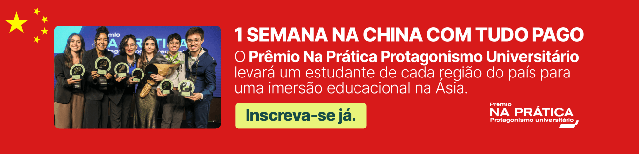 Banner em vermelho e amarelo oferecendo uma viagem à China com tudo pago para os vencedores do Prêmio Protagonismo Universitário 2026.