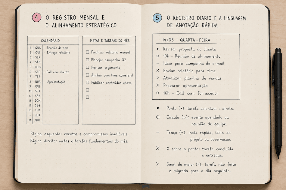 Imagem simulando um bullet journal: um caderno em que a página da esquerda estão as principais demandas e, na da direita, o que fazer em determinado dia