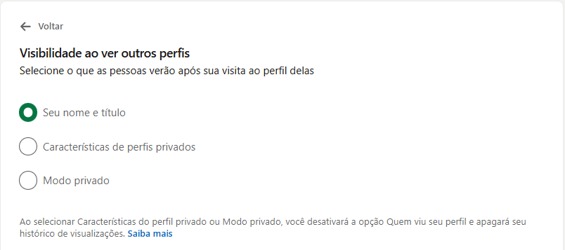 Menu do LinkedIn que mostra os diferentes tipos de visibilidade do perfil